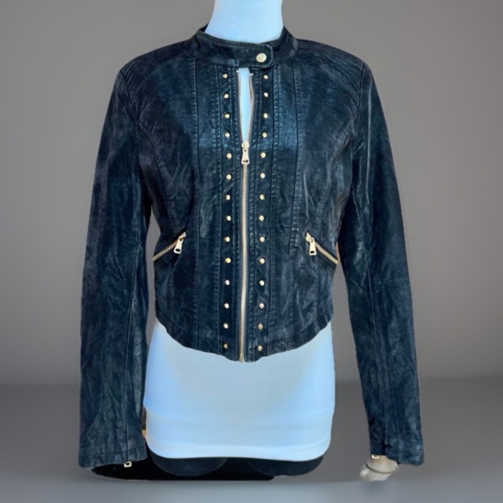 Black MOD Steampunk COUTURE Cropped Studded Moto Rock Faux Leather Jacke… - Picture 1 of 12